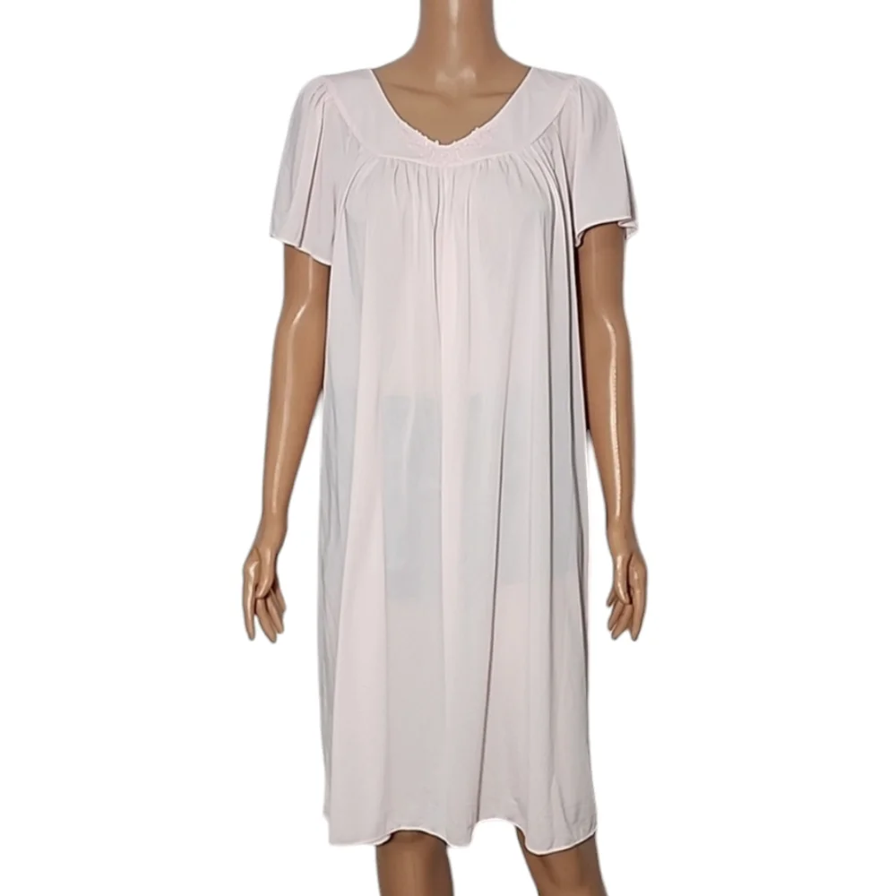 Miss Elaine‎ Women's Ruched Nylon Tricot Short Sleeve Nightgown Pink Size M